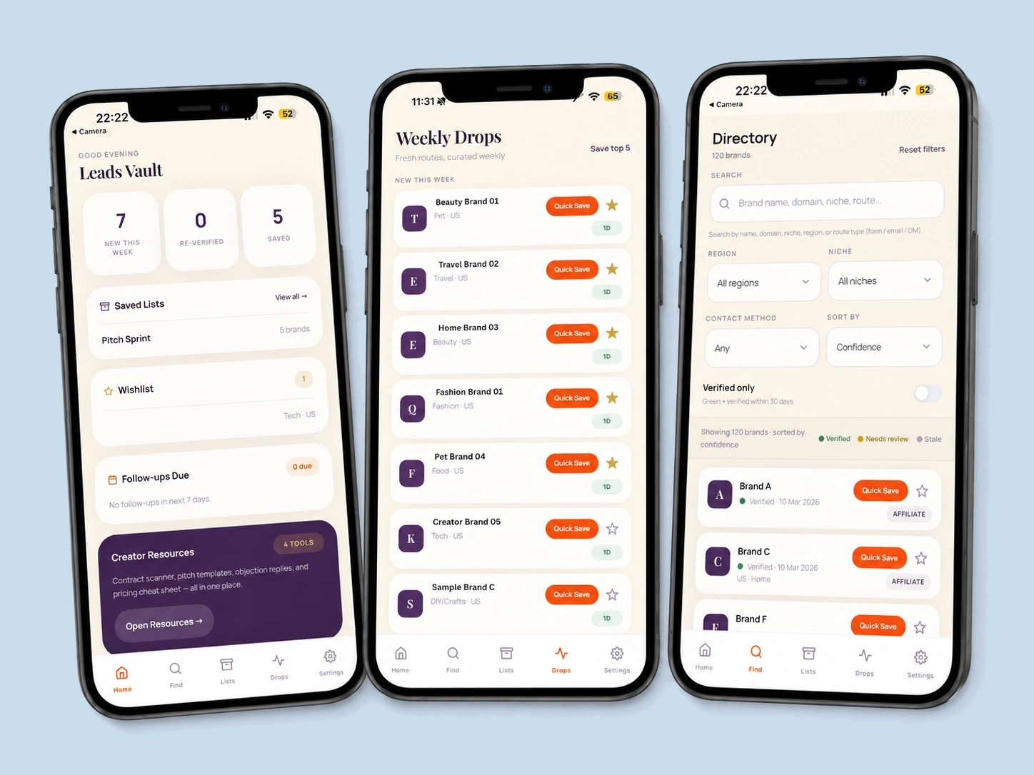 UGC Brand Leads app preview showing Leads Vault, Weekly Drops, and Directory screens
